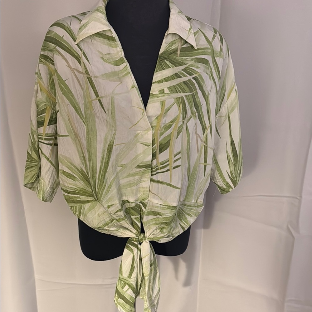 H&M Green Cream Button Down Shirt with Tie Front